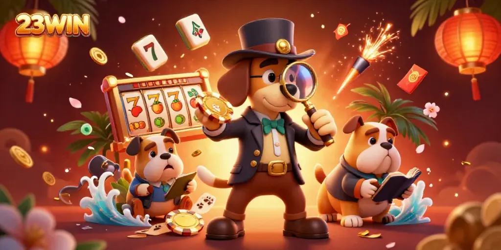 23WIN themed illustration with a detective bloodhound and bulldog in a casino setting examining clues.