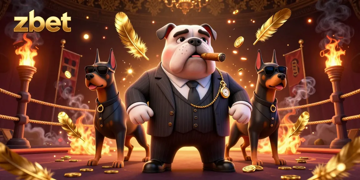 Zbet offers a vibrant 3D illustration of a mafia boss bulldog in a casino setting with golden elements.