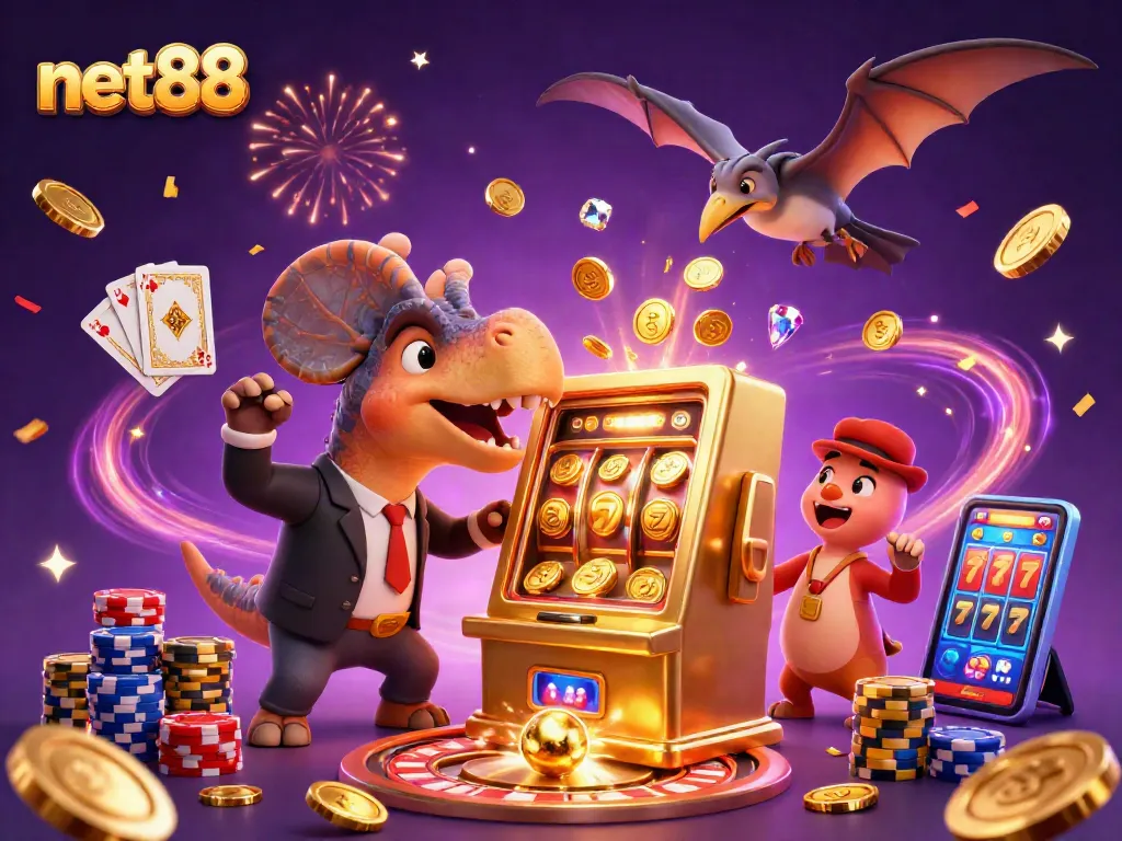 Catch golden coins with net88 as a pachycephalosaurus wins the jackpot in a lively casino scene.