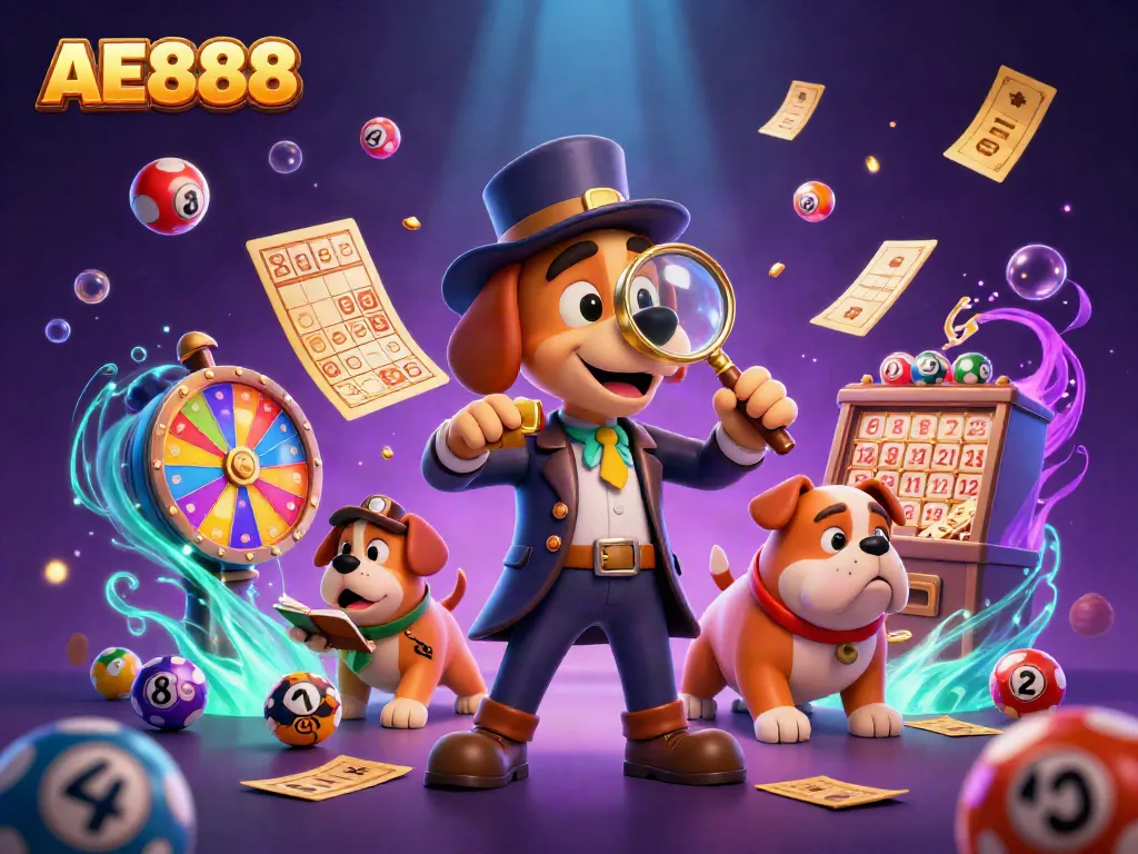 Engaging 3D scene of a detective bloodhound and a bulldog at AE888, surrounded by lottery elements.