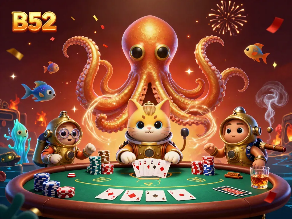 B52 platform offers exciting poker table scenes filled with golden kraken and vibrant underwater elements.