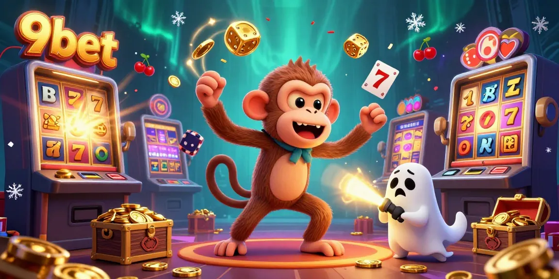 Experience the thrill of 9bet with a playful poltergeist monkey and adventurous puppy in a vibrant casino.