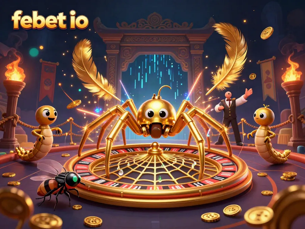 Experience the thrill of febet io with a 3D illustration of a spider spinning a roulette web, engaging a fly in the action.
