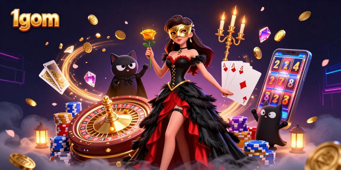Engage with 1gom’s thrilling scene featuring a woman in a dramatic gown, surrounded by casino excitement.
