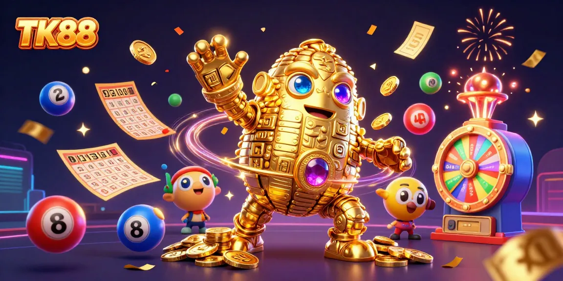 Engage with the thrilling world of TK88 featuring a golden golem in a vibrant casino atmosphere.