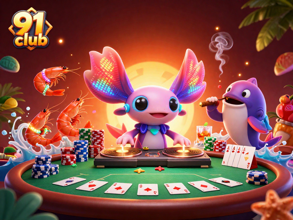 Join the fun at 91 club with a vibrant casino scene featuring a neon axolotl DJ and dancing shrimp.