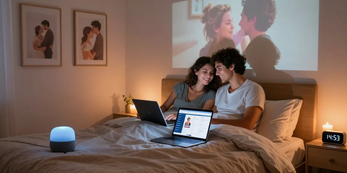 Couple exploring ai sex technology at home with smart devices