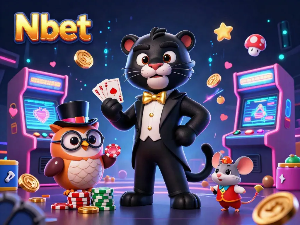 N bet showcases an elegant panther dealer and a charming owl with poker chips in a dynamic casino scene.