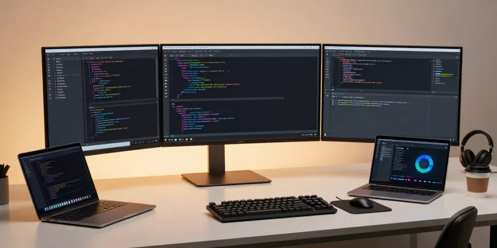 .uk domain search in a modern developer workspace featuring advanced coding tools and technology.