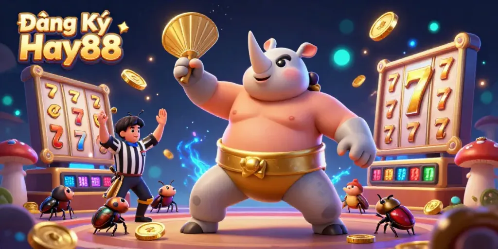 Experience immersive gaming with Đăng Ký Hay88 as colorful coins fly from a beetle sumo wrestler in a lively casino scene.