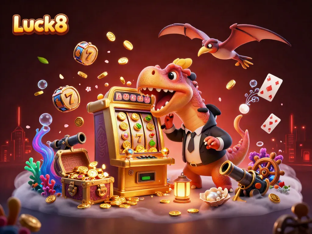 Luck8 features a pachycephalosaurus and friends bringing excitement to a vibrant casino jackpot scene.