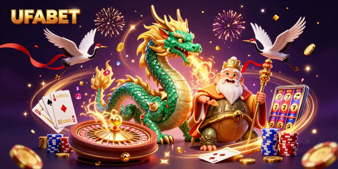 Place your bets with UFABET’s vibrant 3D casino scene featuring a dragon, turtle sage, and dynamic game elements.