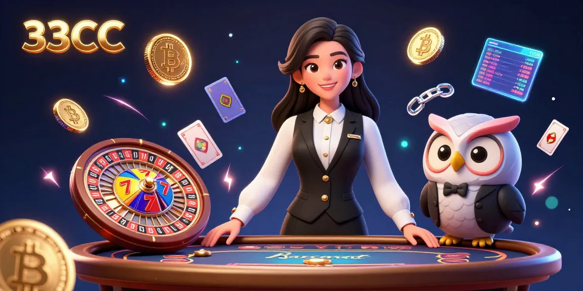 Engaging illustration of 33CC online casino featuring lively dealers and vibrant gaming elements.