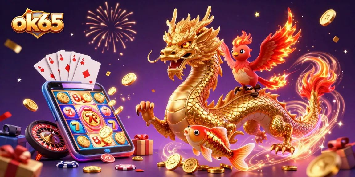 Spin the reels of fortune with ok65, featuring dynamic casino elements like slot games and winning coins in a vibrant scene.