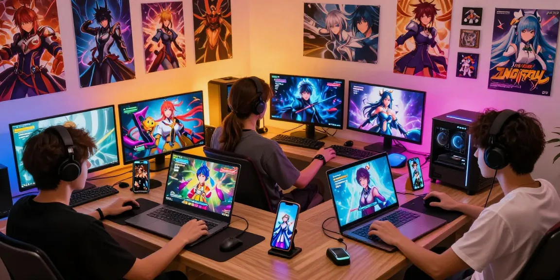 An engaging scene of players enjoying interactive hentai games html on multiple devices, with vibrant characters and cozy room atmosphere.