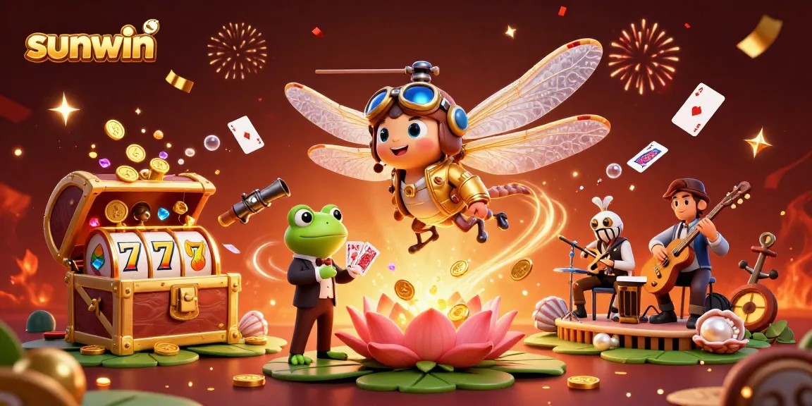 Experience the excitement of sunwin as a dragonfly pilot hovers over a captivating casino scene with vibrant gaming elements.