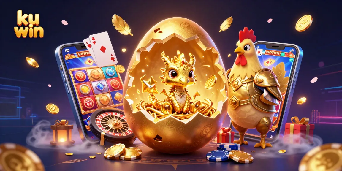 Experience ku win like never before with a gold dragon emerging from a cracking egg amid vibrant casino elements.