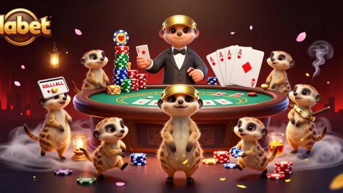 Dabet casino scene featuring meerkats joyfully playing poker, showcasing vibrant characters and game elements.