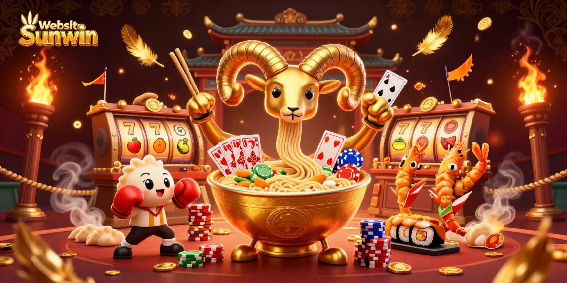 Website Sunwin showcases a vibrant casino scene with a golden ramen bowl dealer and dynamic game elements.