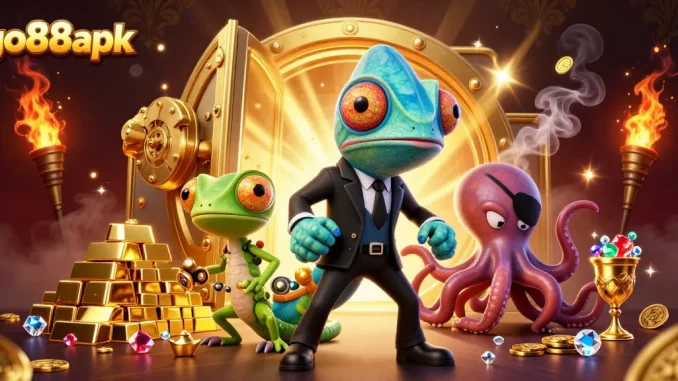 Experience exciting gameplay with go88apk, featuring a vibrant 3D casino scene filled with treasures and thrilling characters.