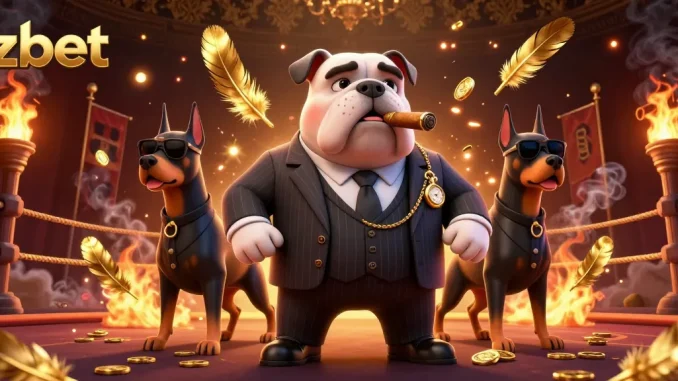Zbet offers a vibrant 3D illustration of a mafia boss bulldog in a casino setting with golden elements.