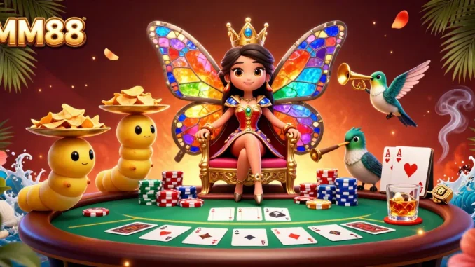 Experience the thrill of MM88 with a vibrant poker scene, featuring a butterfly queen and poker chips in dynamic action.