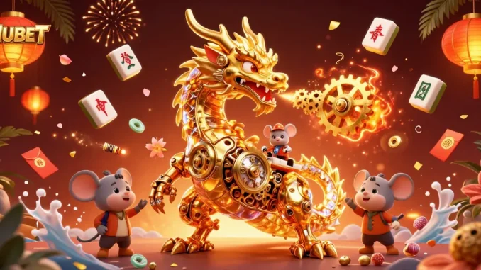 Experience HUBET's vibrant gaming world, illustrated with dynamic characters and elements, showcasing casino excitement.