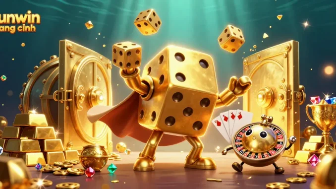 Engage with the vibrant fun at sunwin trang chính featuring a gold dice golem and treasure elements.