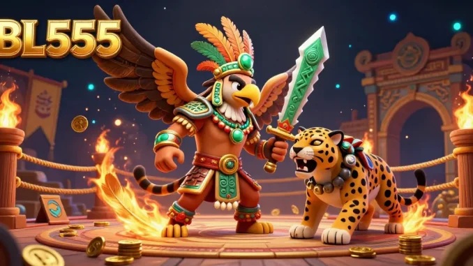 Experience the thrilling energy at BL555, featuring epic Aztec warriors in a vibrant casino scene.