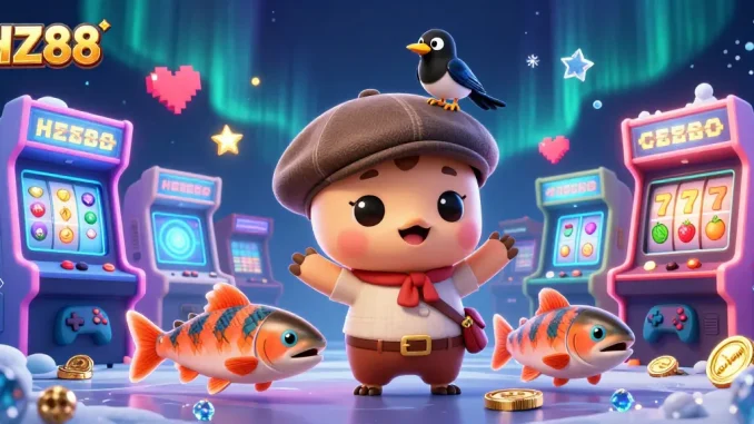 HZ88 showcases lively gameplay with cartoon Nessie and friends in a colorful casino-themed scene.
