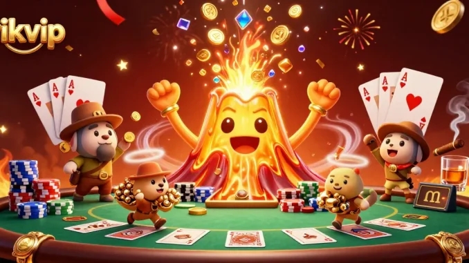 Experience the excitement of rikvip with a golden volcano erupting coins and treasures amidst a vibrant casino scene.