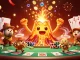 Experience the excitement of rikvip with a golden volcano erupting coins and treasures amidst a vibrant casino scene.