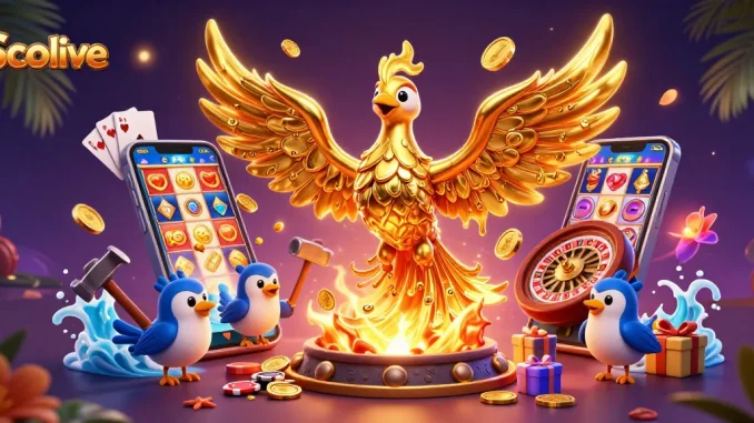 Socolive showcases a golden phoenix emerging from a forge, surrounded by engaging gambling elements.