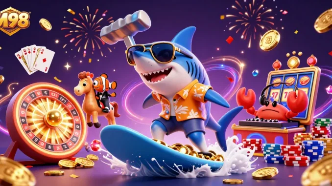 M98 offers thrilling gaming with dynamic scenes of winning slots and vibrant casino elements.