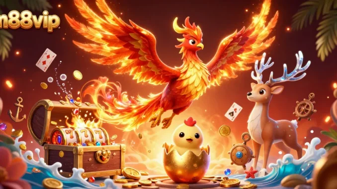 Experience thrilling wins with m88vip as vibrant phoenixes soar amid cascading treasures and casino elements.