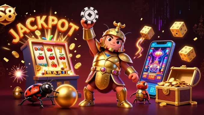 Engage in thrilling gameplay at S8 with the hercules beetle conquering jackpot riches in a colorful casino scene.