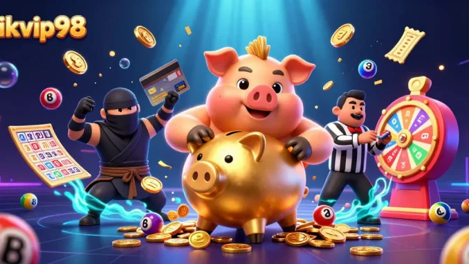 Experience thrilling gameplay with rikvip98 as a golden piggy bank wrestler stomps amidst vibrant lottery elements.