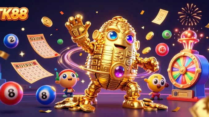 Engage with the thrilling world of TK88 featuring a golden golem in a vibrant casino atmosphere.